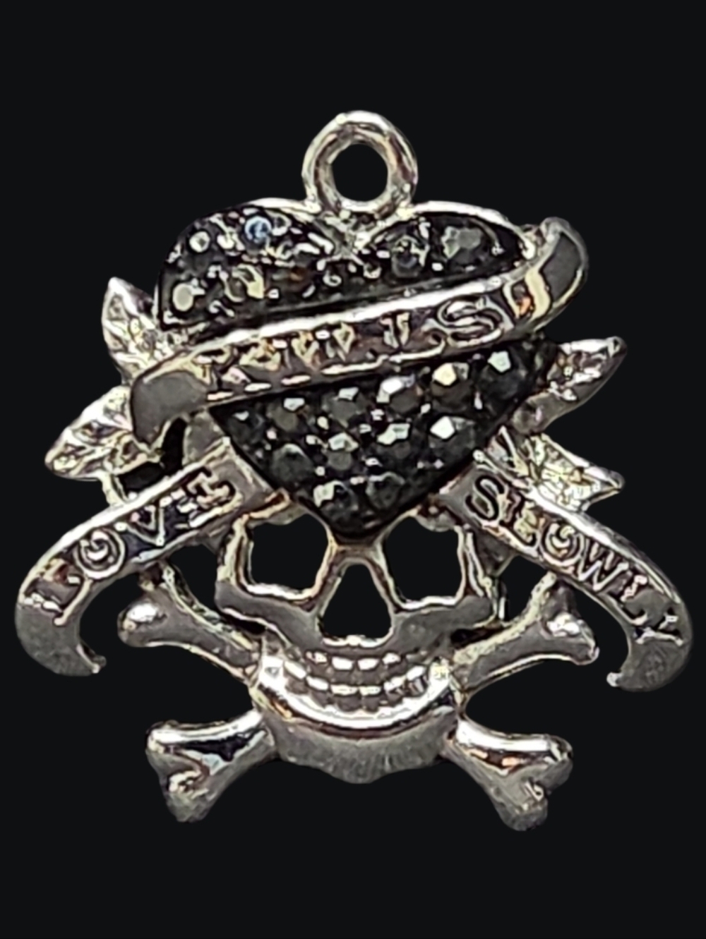 Ed Hardy "Love Kills Slowly" Silver-Tone Skull & Black Crystal Heart Pendant